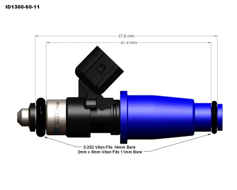 Injector Dynamics - ID1300 Injectors-60mm Length-11mm Blue Top-14mm Low O-Ring(Mach to 11mm) (1300.60.11.14-O.X)