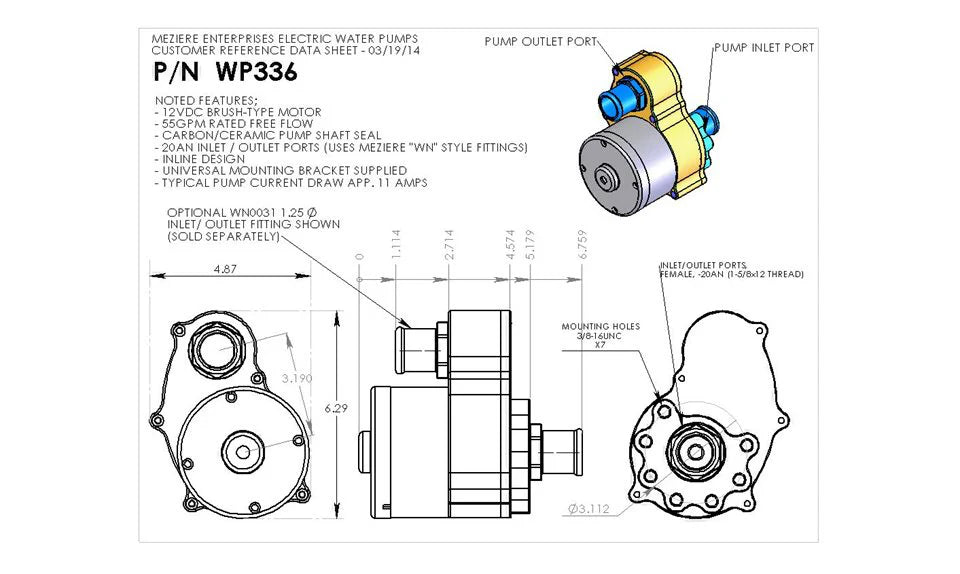 Meziere - 300 Series High-Flow Inline Electric Water Pump Single Outlet (WP336S)